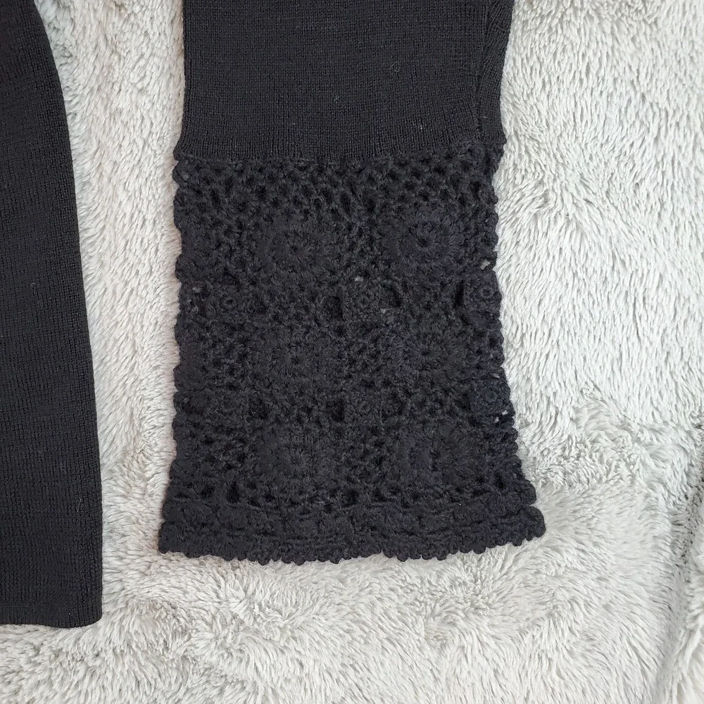 Sarah Spencer Merino Wool Sweater Women XL Crochet Lace Bell Sleeve V-Neck Black